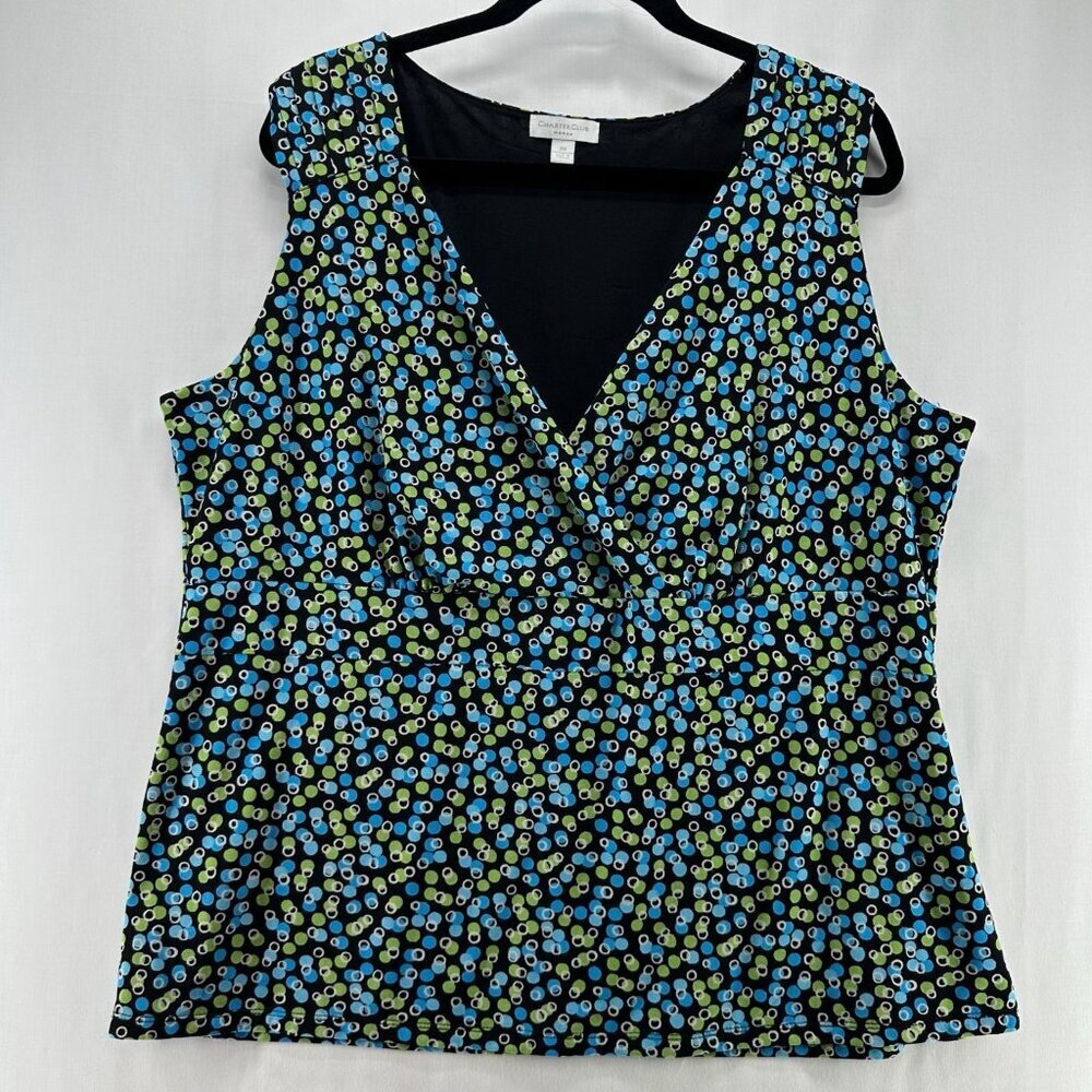 Charter Club Woman Tank Top Sz 2X Polka Dot Surplice Sleeveless Nylon Blue Green - Picture 1 of 10